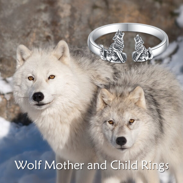 Sterling Silver Wolf Rings Mother and Child Open Adjustable Size Rings – Image 3