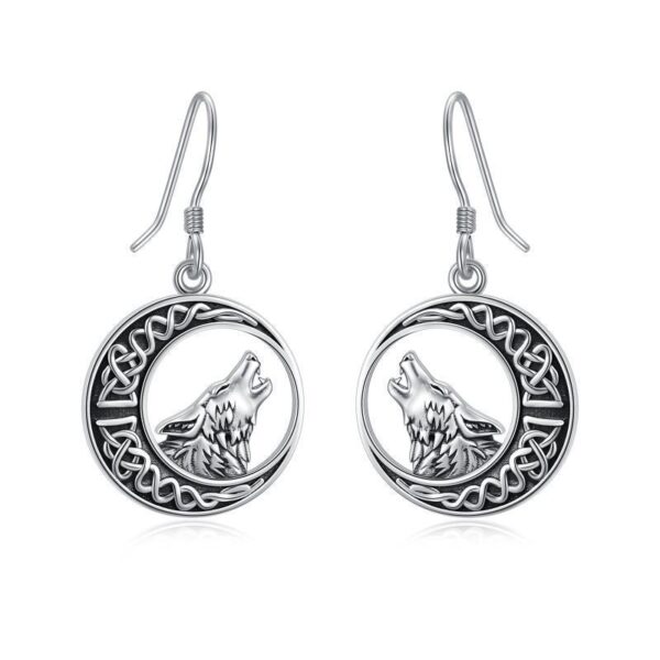 Wolf Celtic Moon Dangle Drop Earrings in Sterling Silver