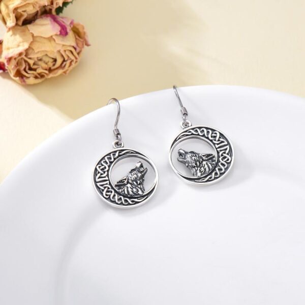 Wolf Celtic Moon Dangle Drop Earrings in Sterling Silver – Image 2