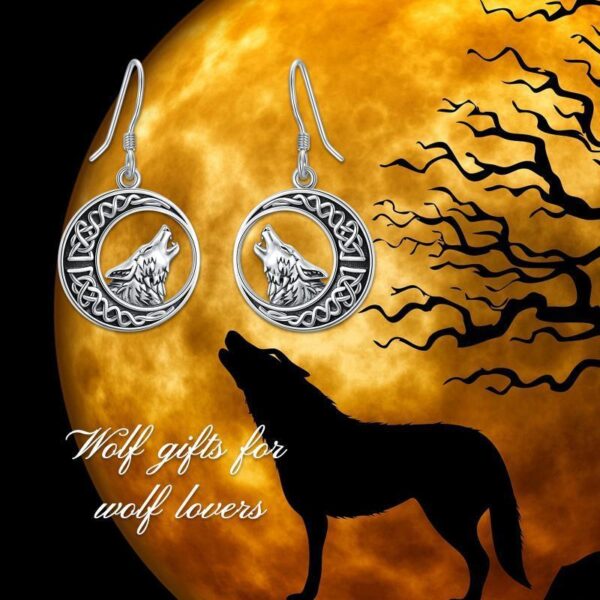 Wolf Celtic Moon Dangle Drop Earrings in Sterling Silver – Image 4