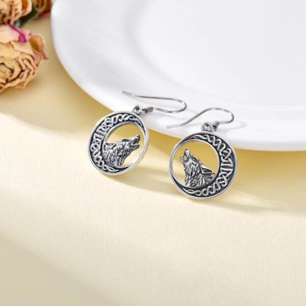 Wolf Celtic Moon Dangle Drop Earrings in Sterling Silver – Image 5